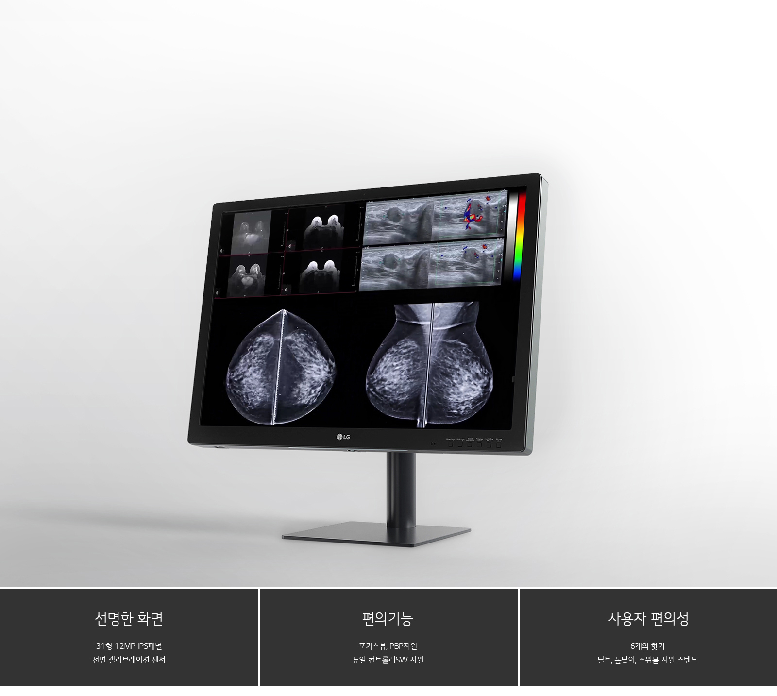 모니터 화면에는 여러 의료 영상이 표시되어 있으며, 모니터 하단에는 선명한 화면, 편의기능, 사용자 편의성이라는 제목 아래 각각의 특징이 설명되어 있습니다. 선명한 화면에는 31형 12MP IPS패널, 전면 안티글레어와 연색성이, 편의기능에는 포커스뷰, PBP지원, 듀얼 컨트롤러 SW 지원이, 사용자 편의성에는 6축의 앞뒤, 틸트, 높낮이, 스위블 지원 스탠드가 언급되어 있습니다. 모니터는 LG 제품입니다.