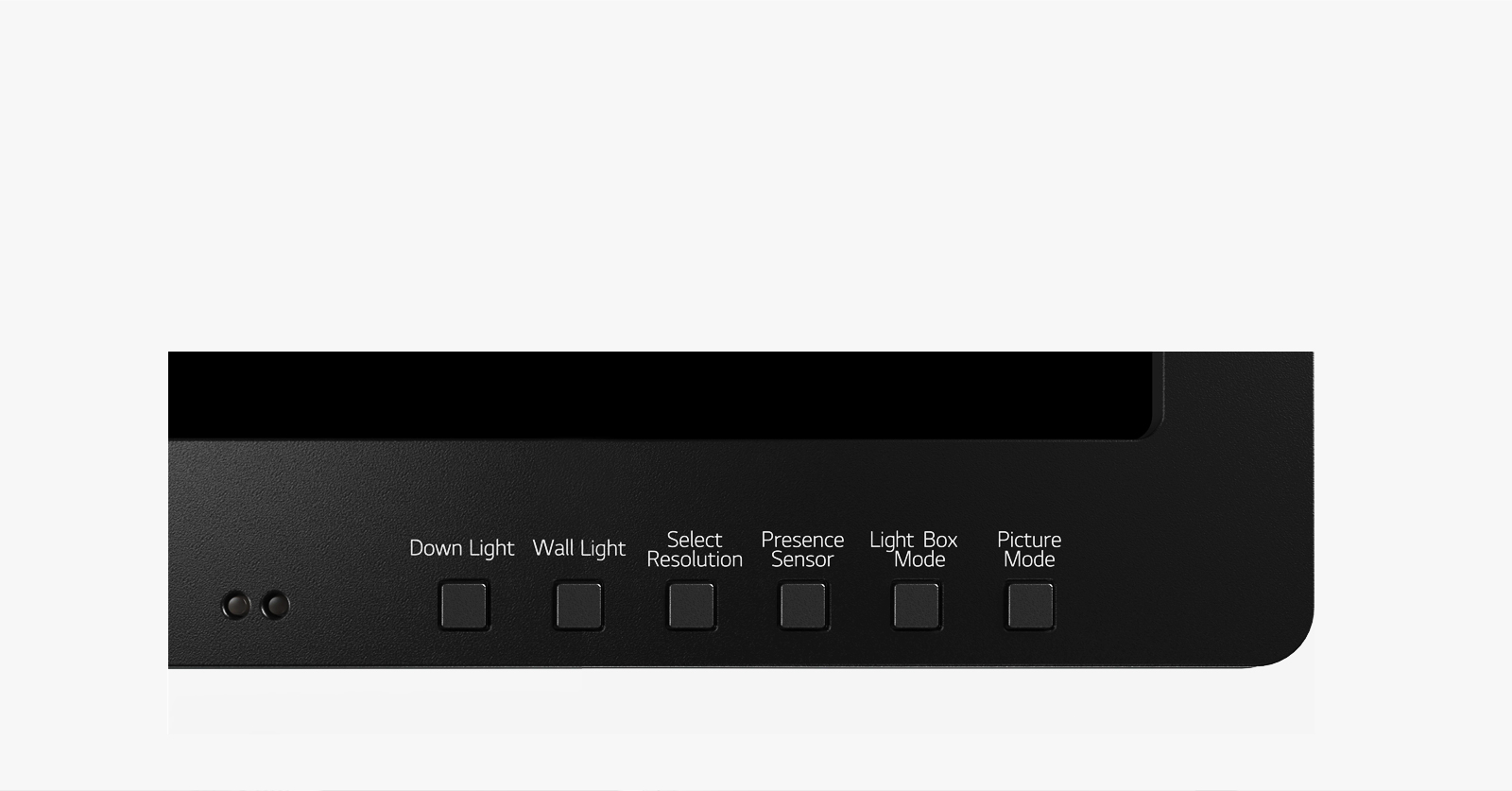 검은색 패널에 여러 개의 버튼이 나열되어 있습니다. 버튼 아래에는 각각 Down Light, Wall Light, Select Resolution, Presence Sensor, Light Box Mode, Picture Mode라는 텍스트가 적혀 있습니다. 배경은 단순한 흰색입니다.