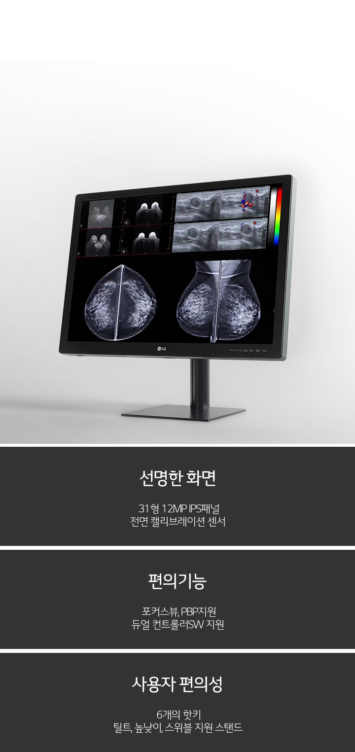 모니터 화면에는 여러 의료 영상이 표시되어 있으며, 모니터 하단에는 선명한 화면, 편의기능, 사용자 편의성이라는 제목 아래 각각의 특징이 설명되어 있습니다. 선명한 화면에는 31형 12MP IPS패널, 전면 안티글레어와 연색성이, 편의기능에는 포커스뷰, PBP지원, 듀얼 컨트롤러 SW 지원이, 사용자 편의성에는 6축의 앞뒤, 틸트, 높낮이, 스위블 지원 스탠드가 언급되어 있습니다. 모니터는 LG 제품입니다.