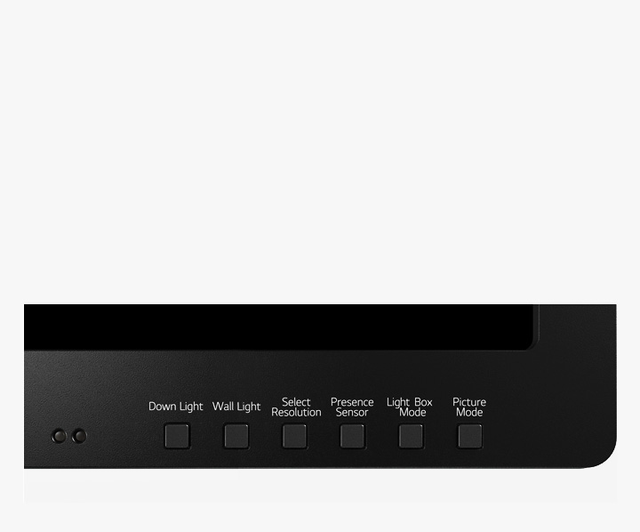 검은색 패널에 여러 개의 버튼이 나열되어 있습니다. 버튼 아래에는 각각 Down Light, Wall Light, Select Resolution, Presence Sensor, Light Box Mode, Picture Mode라는 텍스트가 적혀 있습니다. 배경은 단순한 흰색입니다.