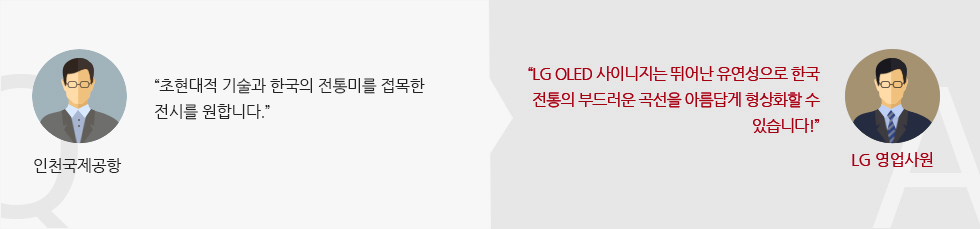 인천국제 공항: “초현대적 기술과 한국의 전통미를 접목한 전시를 원합니다.” “LG 올레드 사이니지는 뛰어난 유연성으로 한국 전통의 부드러운 곡선을 아름답게 형상화할 수 있습니다!” : LG 영업사원