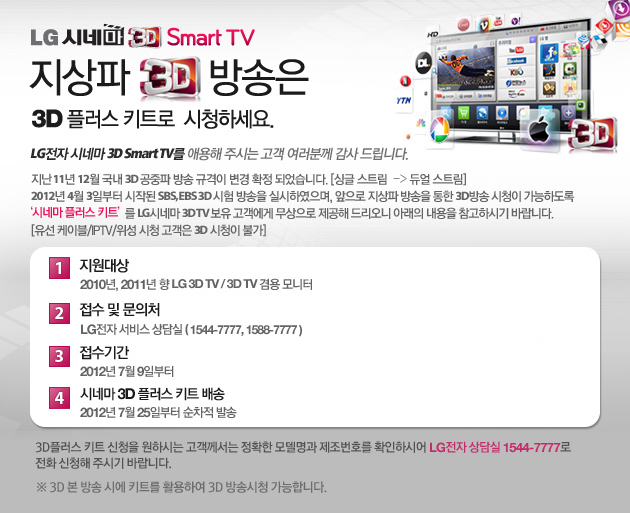 LG �ó׸� 3D Smart TV ������ 3D ����� 3D �÷��� ŰƮ�� ��û�ϼ���. LG���� �ó׸� 3D Smart TV�� �ֿ��� �ֽô� ���� �����в� ���� �帳�ϴ�. ���� 11�� 12�� ���� 3D ������ ��� �԰��� ���� Ȯ�� �Ǿ����ϴ�. [�̱� ��Ʈ������ ��� ��Ʈ������ ����] 2012�� 4�� 3�Ϻ��� ���۵� SBS, EBS 3D ���� ����� �ǽ��Ͽ�����, ������ ������ ����� ���� 3D��� ��û�� �����ϵ��� '�ó׸� �÷��� ŰƮ'�� LG�ó׸� 3D TV ���� �������� �������� ������ �帮���� �Ʒ��� ������ �����Ͻñ� �ٶ��ϴ�. [���� ���̺�/IPTV/���� ��û ������ 3D ��û�� �Ұ�] 1.������� : 2010��, 2011�� �� LG 3D TV / 3D TV ��� �����. 2.���� �� ����ó : LG���� ���� ���� (1544-7777, 1588-7777). 3.�����Ⱓ : 2012�� 7�� 9�Ϻ���. 4.�ó׸� 3D �÷��� ŰƮ ��� : 2012�� 7�� 25�Ϻ��� ������ �߼�.3D�÷��� ŰƮ ��û�� ���Ͻô� ���������� ��Ȯ�� �𵨸��� ������ȣ�� Ȯ���Ͻþ� LG���� ���� 1544-7777�� ��ȭ ��û�� �ֽñ� �ٶ��ϴ�.�� �� 3D ��� �ÿ� ŰƮ�� Ȱ���Ͽ� 3D ��۽�û �����մϴ�.