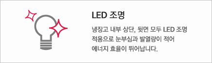 LED 조명 - 냉장고 내부 상단, 뒷면 모두 LED 조명 적용으로 눈부심과 발열량이 적어 에너지 효율이 뛰어납니다.