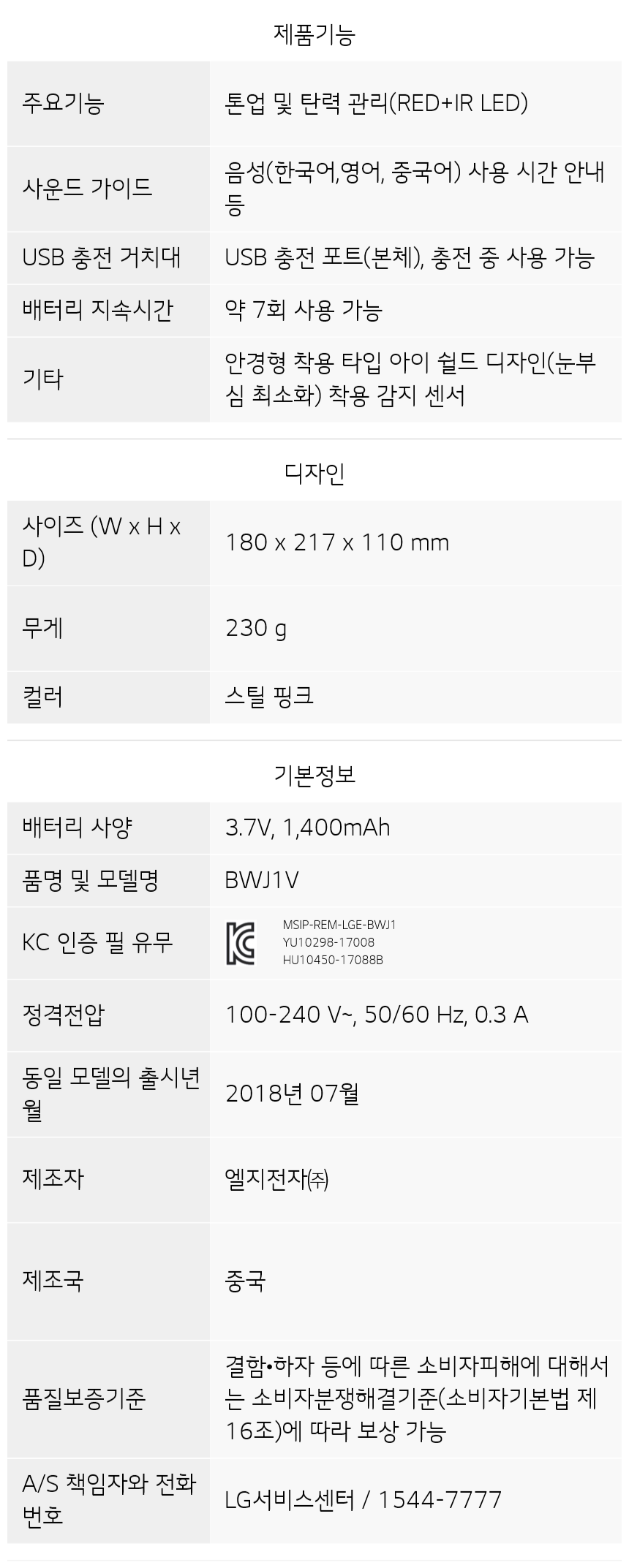 BWJ1V 제품 사양