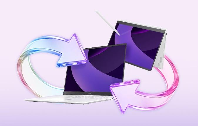 앞쪽에는 LG 그램 노트북, 뒤쪽에는 화면이 회전된 LG 그램 360 노트북이 교환되는 듯한 형상의 보라색 화살표 그래픽으로 연결되어 있는 모습입니다