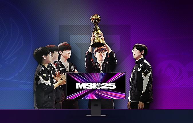 검정색과 보라색이 그라데이션 처리된 어두운 바탕에MSI 우승 트로피를 들고 있는 젠지팀원들이 있고 하단에 울트라기어 모니터가 있습니다.
