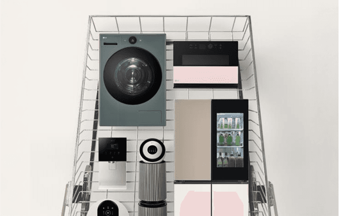 쇼핑카트에 건조기, 냉장고, 공기청정기, 전자레인지, 정수기 등이 담겨 있습니다