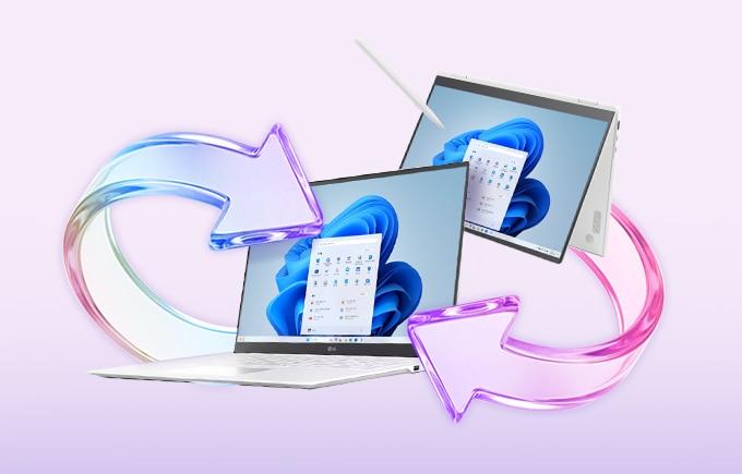 앞쪽에는 LG 그램 노트북, 뒤쪽에는 화면이 회전된 LG 그램 360 노트북이 교환되는 듯한 형상의 보라색 화살표 그래픽으로 연결되어 있는 모습입니다.