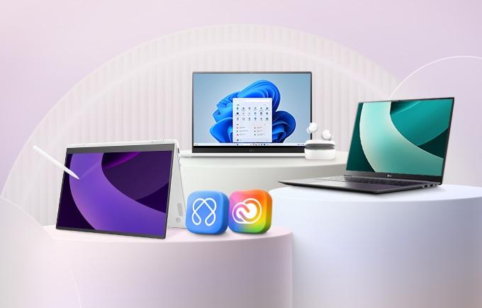 노트북 3대와 버즈 이어폰이 원형 단상위에 놓여있으며 다양한 모델컷을 보여주고 있습니다.