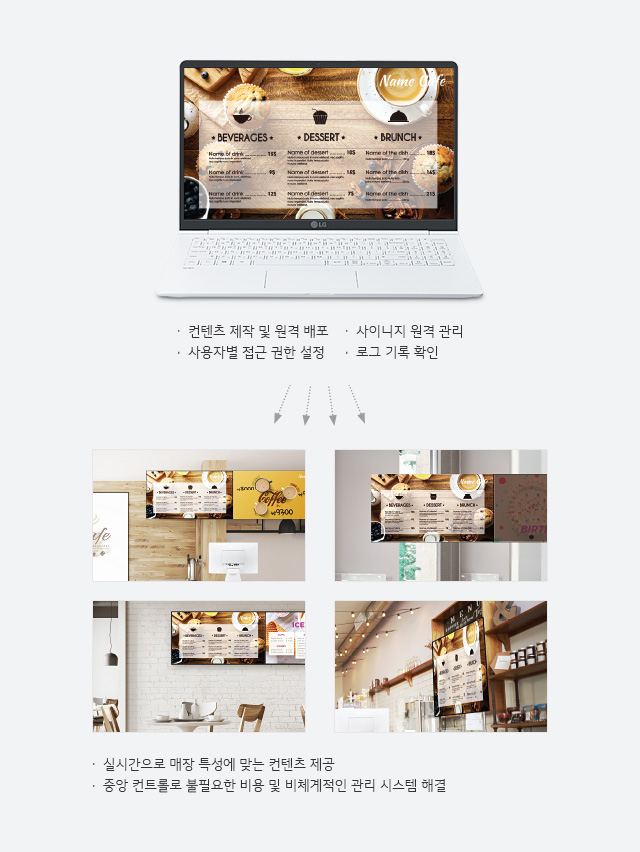 Supersign CMS 소프트웨어로 사이니지 중앙 컨트롤. 자세한 내용은 다음 내용 참조
