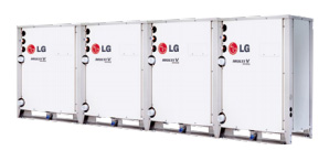 191, 197, 203, 209, 215, 220, 226, 232 KW의 LG Multi V WATER(수열원) 실외기로 네 개의 실외기가 나란히 붙어있는 모습