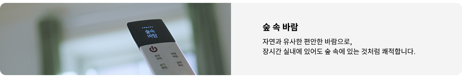 리모컨 화면에 숲속 바람이라는 텍스트가 표시되어 있습니다. 옆에는 숲 속 바람이라는 제목과 함께 자연과 유사한 편안한 바람으로, 장시간 실내에 있어도 숲 속에 있는 것처럼 쾌적합니다.라는 설명이 적혀 있습니다. 배경은 흐릿하게 초록색과 흰색이 섞여 있습니다.