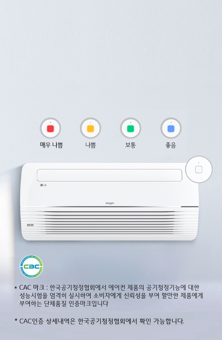 이미지에는 LG 로고가 있는 벽걸이 에어컨이 있습니다. 에어컨 위에는 공기질 상태를 나타내는 네 가지 색상의 표시등이 있으며, 각각 매우 나쁨, 나쁨, 보통, 좋음이라고 적혀 있습니다. 하단에는 CAC 마크와 함께 CAC 마크: 한국공기청정협회에서 에어컨 제품의 공기청정기능에 대한 성능시험을 엄격히 실시하여 소비자에게 신뢰성을 부여한 합격한 제품에게 부여하는 단체표준 인증마크입니다. CAC인증 상세내역은 한국공기청정협회에 확인 가능합니다.라는 설명이 있습니다. 배경은 깔끔한 벽면입니다.