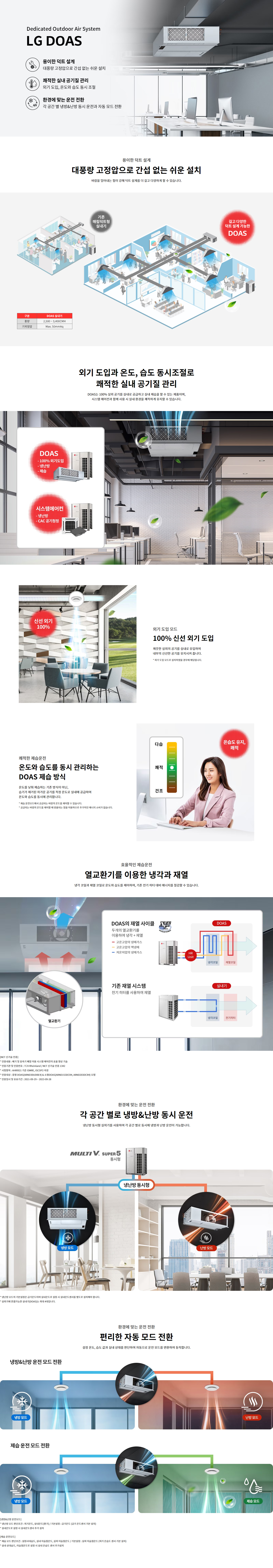 Dedicated Outdoor Air System  LG DOAS  용이한 덕트 설계  대풍량 고정압으로 간섭 없는 쉬운 설치   쾌적한 실내 공기질 관리  외기 도입, 온도와 습도 동시 조절   환경에 맞춘 운전 전환  각 공간 별 냉방&난방 동시 운전과 자동 모드 전환   용이한 덕트 설계  대풍량 고정압으로 간섭 없는 쉬운 설치  바람을 밀어내는 힘이 강해 덕트 설계를 더 길고 다양하게 할 수 있습니다.   기존 매립덕트형 실내기  길고 다양한 덕트 설계 가능한 DOAS  구분 | DOAS 실내기  풍량 | 2,500 ~ 3,400 CMH  기외정압 | Max. 50mmAq  외기 도입과 온도, 습도 동시조절로  쾌적한 실내 공기질 관리   DOAS는 100%25 외기 공기를 실내로 공급하여 실내 체감을 알 수 있는 제품이며,  시스템 에어컨과 함께 사용 시 실내 환경을 쾌적하게 유지할 수 있습니다.   DOAS  - 100%25 외기도입  - 냉난방  - 제습   시스템에어컨  - 냉난방  - CAC 공기청정   외기 도입 모드  100%25 신선 외기 도입  깨끗한 신선의 공기를 실내로 유입하여  내부의 신선한 공기를 유지시켜 줍니다.  * 외기 도입 모드는 실내환경 조건에 따라 제약됩니다.  쾌적한 제습운전  온도와 습도를 동시 관리하는  DOAS 제습 방식   온도를 낮춰 제습하는 기존 방식이 아닌,  습기가 제거된 차가운 공기를 적정 온도로 실내에 공급하여  온도와 습도를 동시에 관리합니다.   * 제습운전설명  제습 모드로 전환 시 : 제습센서, 실내 에어컨센서, 제어 알고리즘으로 / 기본센서 : 외기 제습운전용 센서 기본 설치  * 실제 센터환경, 실내온도, 외기온도 조건에 따라 실제 실내 온도 센서 추가 설치   온습도 유지, 쾌적  효율적인 제습운전  열교환기를 이용한 냉각과 재열  냉각 코일과 재열 코일로 온도와 습도를 제어하여, 기존 전기 히터 대비 에너지를 절감할 수 있습니다.   DOAS의 재열 사이클  두 개의 열교환기를 이용하여 냉각 + 재열  - 고온고압의 냉매가스  - 고온고압의 액체  - 저온저압의 냉매가스   기존 재열 시스템  전기 히터를 사용하여 재열   [NET 신기술 인증]  인증내용 : 제습 냉방 및 외기 유입 제어 이용 시스템 에어컨의 효율 향상 기술  인증기관 : 산업통상자원부 / TÜV Rheinland / NET 신기술 인증 132호  인증제품 : 시스템 에어컨 + 제습 SBNRC, JCOOP 조합  인증 제품 모델명 : DOAS(RNQ380DUE4) & 제습DOAS(ARND153DC4R, ARND203DC4R) 모델  인증서 유효기간 : 2021-09-29 ~ 2023-09-28  환경에 맞춘 운전 전환  각 공간 별로 냉방&난방 동시 운전  냉난방 동시형 실외기를 사용하여 각 공간 별로 동시에 냉방과 난방 운전이 가능합니다.   MULTI V. SUPER 5  동시형   냉난방 동시형  냉방 모드  난방 모드   * 냉방과 난방 모드를 기본전환을 즐기려면동시에 실내온도 설정 시 실내온도센서를 별도로 설치해야 합니다.  * 실외기에 연결 가능한 실내기(DOAS)는 쿼터 선택합니다.  환경에 맞춘 운전 전환  편리한 자동 모드 전환  설정 온도, 습도 값과 실내 상태를 판단하여 자동으로 운전 모드를 변환하여 동작합니다.   냉방&난방 운전 모드 전환  냉방 모드 → 난방 모드   제습 운전 모드 전환  냉방 모드 → 제습 모드   [냉방&난방 운전모드]  냉방과 난방 모드 전환 조건 : 외기온도, 실내온도(열기기) / 기본센서 : 공기온도 (공기 온도센서 기본 설치)  실내온도 설정 시 실내온도센서 추가 설치   [제습 운전모드]  제습 모드로전환 : 외기제습센서, 실내 에어컨센서, 제어 알고리즘 / 기본센서 : 외기 제습운전용 센서 기본 설치  실내 센터환경, 실내온도 조건에 따라 실내 온도 센서 추가 설치