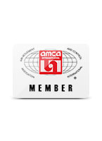 이미지에는 AMCA International이라는 텍스트가 포함된 빨간색 로고가 있으며, 그 아래에 MEMBER라는 단어가 적혀 있습니다. 로고 주변에는 AIR MOVEMENT, AND CONTROL, ASSOCIATION, INTERNATIONAL이라는 문구가 원형으로 배치되어 있습니다. 배경은 흰색입니다.