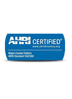 파란색 배경에 AHRI CERTIFIED® www.ahridirectory.org라는 텍스트가 있으며, 아래에 Water-Cooled Chillers AHRI Standard 550/590라는 문구가 적혀 있습니다.