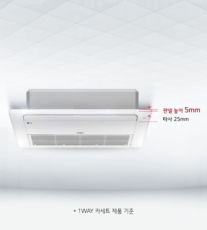 천장에 설치된 에어컨이 보이며, 제품에 LG와 WHISEN 로고가 있습니다. 에어컨의 패널 높이가 5mm, 타사가 25mm로 표시되어 있습니다. 하단에는 * 1WAY 카세트 제품 기준이라는 문구가 있습니다. 배경은 밝은 색상의 천장 타일로 구성되어 있습니다.
