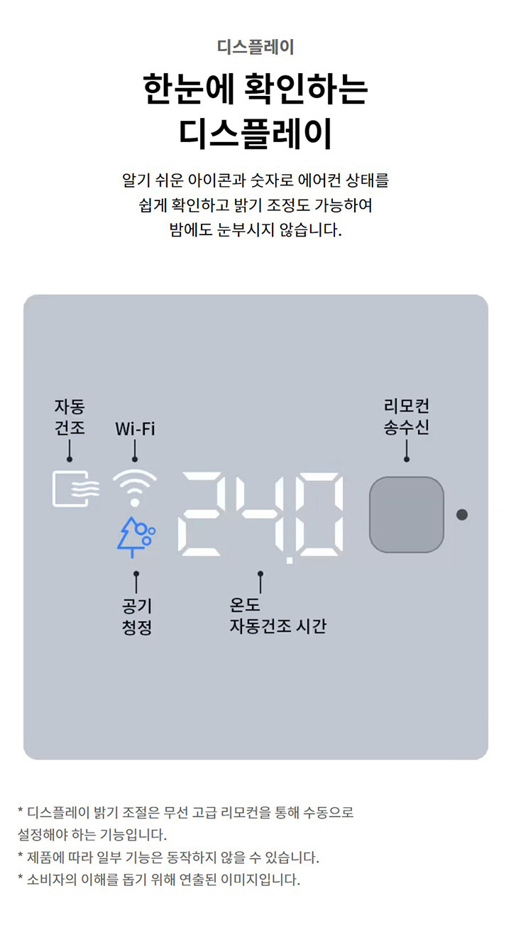 디스플레이. 한눈에 확인하는 디스플레이. 알기 쉬운 아이콘과 숫자로 에어컨 상태를 쉽게 확인하고 밝기 조정도 가능하여 밤에도 눈부시지 않습니다. 디스플레이 밝기 조절은 무선 고급 리모컨을 통해 수동으로 설정해야 하는 기능입니다. 제품에 따라 일부 기능은 동작하지 않을 수 있습니다. 소비자의 이해를 돕기 위해 연출된 이미지입니다. 에어컨 디스플레이 이미지가 있으며, 자동건조, Wi-Fi, 공기청정, 온도 및 자동건조 시간, 리모컨 송수신부가 표시되어 있습니다.