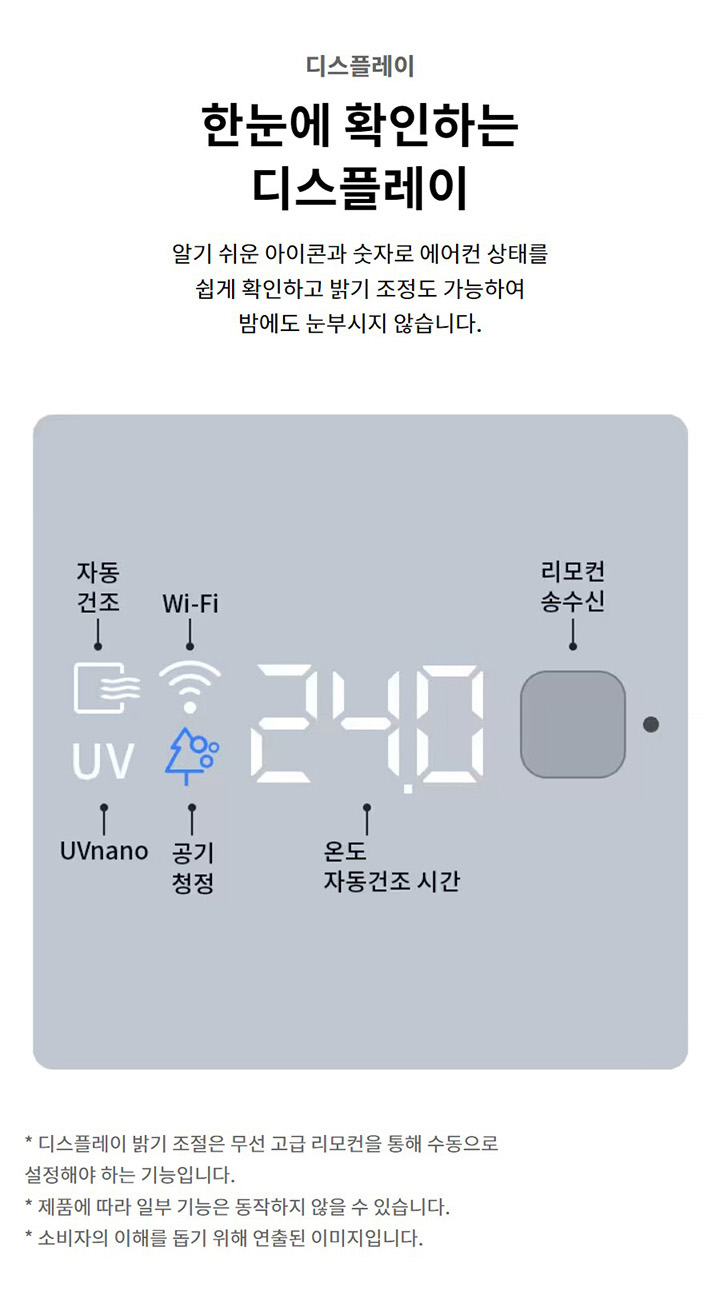 디스플레이. 한눈에 확인하는 디스플레이. 알기 쉬운 아이콘과 숫자로 에어컨 상태를 쉽게 확인하고 밝기 조정도 가능하여 밤에도 눈부시지 않습니다. 디스플레이 밝기 조절은 무선 고급 리모컨을 통해 수동으로 설정해야 하는 기능입니다. 제품에 따라 일부 기능은 동작하지 않을 수 있습니다. 소비자의 이해를 돕기 위해 연출된 이미지입니다. 에어컨 디스플레이 이미지가 있으며, 자동건조, Wi-Fi, UVnano, 공기청정, 온도 및 자동건조 시간, 리모컨 송수신부가 표시되어 있습니다.