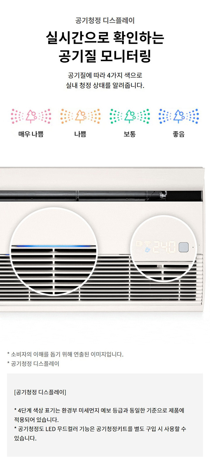 공기청정 디스플레이. 실시간으로 확인하는 공기질 모니터링. 공기질에 따라 4가지 색으로 실내 청정 상태를 알려줍니다. 빨간색: 매우 나쁨. 주황색: 나쁨. 초록색: 보통. 파란색: 좋음. 소비자의 이해를 돕기 위해 연출된 이미지입니다. 공기청정 디스플레이: 4단계 색상 표기는 환경부 미세먼지 예보 등급과 동일한 기준으로 제품에 적용되어 있습니다. 공기청정도 LED 무드컬러 기능은 공기청정키트를 별도 구입 시 사용할 수 있습니다.