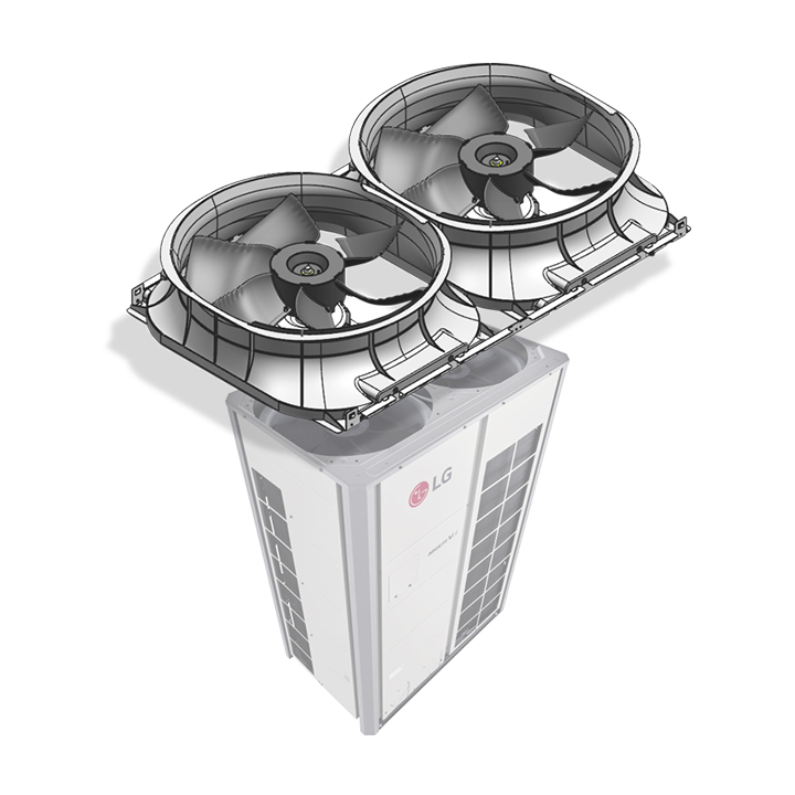 이미지에는 LG 로고가 있는 대형 공조기기가 보입니다. 기기의 상단에는 두 개의 대형 팬이 장착되어 있으며, 팬의 구조가 강조되어 있습니다. 기기의 외관은 직사각형 형태로, 여러 개의 패널과 그릴이 있습니다.