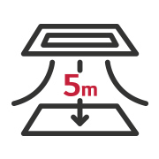 이미지는 천장과 바닥 사이의 거리를 나타내는 아이콘으로, 중앙에 5m라는 빨간색 텍스트가 있습니다. 화살표가 위쪽과 아래쪽을 가리키고 있습니다.