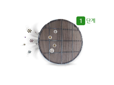 둥근 형태의 필터 이미지가 있으며, 그 위에 여러 개의 작은 입자들이 표현되어 있습니다. 이미지의 오른쪽 상단에는 녹색 배경에 흰색 글자로 1 단계라고 적혀 있습니다.