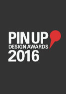 검은색 배경에 PIN UP DESIGN AWARDS 2016이라는 흰색 텍스트가 중앙에 배치되어 있습니다. PIN UP의 P 옆에는 빨간색 핀 모양의 그래픽이 있습니다.
