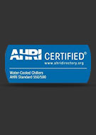파란색 배경에 AHRI CERTIFIED라는 문구와 함께 웹사이트 주소 www.ahridirectory.org가 적혀 있습니다. 아래에는 Water-Cooled Chillers와 AHRI Standard 550/590이라는 문구가 있습니다. 배경은 어두운 색입니다.