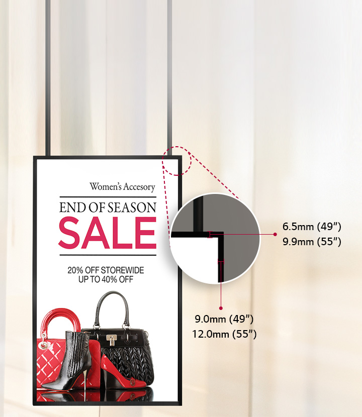 이미지에는 Women's Accessory라는 제목과 함께 END OF SEASON SALE이라는 문구가 크게 적혀 있습니다. 20퍼센트 OFF STOREWIDE UP TO 40퍼센트 OFF라는 할인 정보도 포함되어 있습니다. 하단에는 빨간색과 검은색의 가방과 신발이 배치되어 있습니다. 오른쪽에는 확대된 부분이 있으며, 두께가 6.5mm(49)와 9.9mm(55)로 표시되어 있습니다. 또 다른 두께는 9.0mm(49)와 12.0mm(55)로 나타나 있습니다. 배경은 흐릿한 실내 모습입니다.
