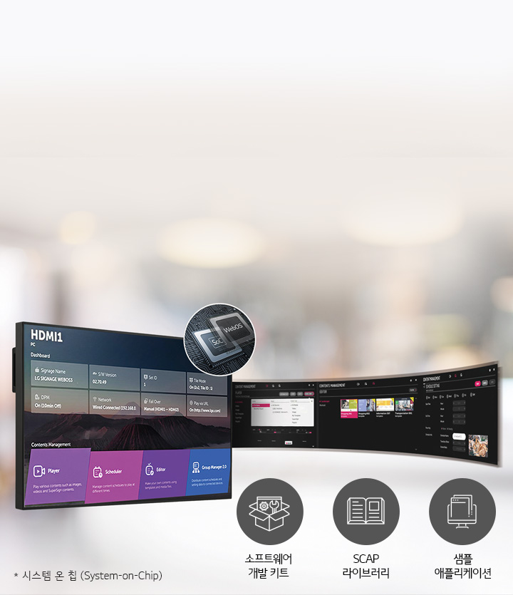 이미지에는 HDMI1 대시보드 화면이 보이며, 'Signage Name: LG SIGNAGE WEBOS3', 'S/W Version: 02.70.49', 'Set ID', 'DPM: On (1min Off)', 'Network: Wired Connected (192.168.0)', 'Fail Over: Manual (HDMI1 -> HDMI2)', 'Tile Mode: On (2x2, Tile ID: 3)', 'Play via URL: On http://www.lgapp.com' 등의 정보가 표시되어 있습니다. 아래에는 'Contents Management'라는 제목과 함께 'Player', 'Scheduler', 'Editor', 'Group Manager 2.0'이라는 항목이 있습니다. 이미지의 배경은 흐릿하게 처리되어 있으며, '시스템 온 칩 (System-on-Chip)'이라는 설명과 함께 '소프트웨어 개발 키트', 'SCAP 라이브러리', '샘플 애플리케이션'이라는 텍스트가 보입니다.