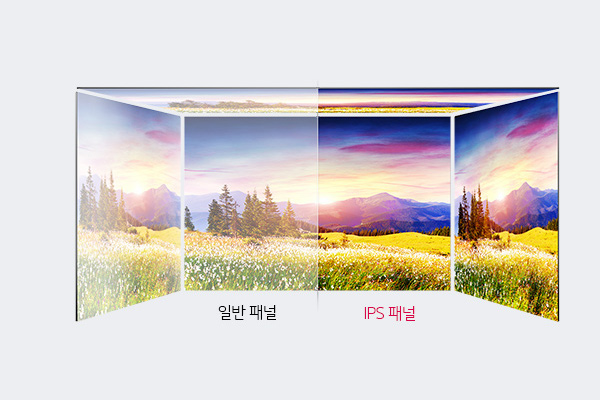 이미지는 두 개의 패널을 비교하고 있습니다. 왼쪽에는 일반 패널이라는 텍스트가 있고, 오른쪽에는 IPS 패널이라는 텍스트가 있습니다. 두 패널은 각각 다른 각도에서 자연 풍경을 보여주고 있으며, IPS 패널의 색상이 더 선명하고 밝게 표현되어 있습니다. 배경은 산과 들판으로 구성된 풍경입니다.