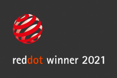 이미지에는 빨간색과 흰색의 나선형 패턴이 있는 구 형태의 로고가 있으며, 그 옆에 red dot winner 2021이라는 텍스트가 있습니다. 배경은 어두운 색상입니다.