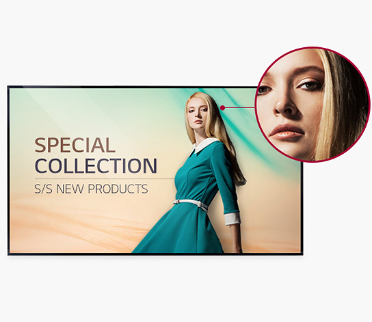 이미지에는 SPECIAL COLLECTION S/S NEW PRODUCTS라는 텍스트가 포함되어 있습니다. 한 여성이 초록색 드레스를 입고 있으며, 확대된 얼굴 부분이 원형으로 강조되어 있습니다. 배경은 부드러운 색조로 구성되어 있습니다.