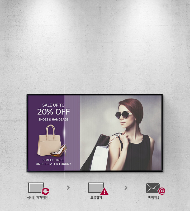 세일 광고 이미지입니다. SALE UP TO 20퍼센트 OFF SHOES & HANDBAGS라는 문구가 있으며, 가방과 신발 그림이 있습니다. SIMPLE LINES UNDERSTATED LUXURY라는 문구도 포함되어 있습니다. 한 여성이 선글라스를 쓰고 쇼핑백을 들고 있는 모습이 보입니다. 아래에는 실시간 자가진단, 오류감지, 메일전송이라는 아이콘과 텍스트가 있습니다. 배경은 회색 벽입니다.