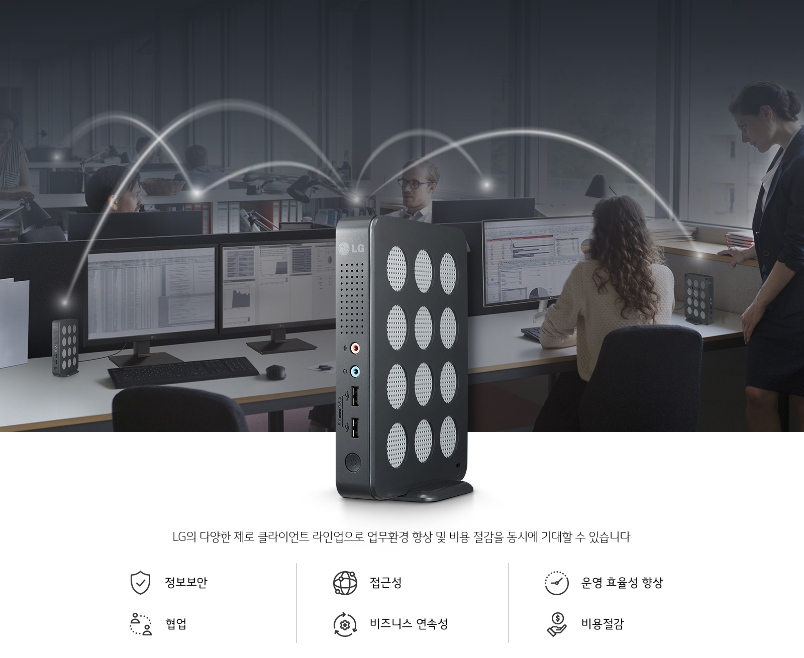 사무실 환경에서 여러 사람이 컴퓨터를 사용하고 있으며, 책상 위에 LG 로고가 있는 기기가 놓여 있습니다. 기기에서 나오는 신호가 다른 기기들과 연결되는 모습을 보여줍니다. 하단에는 LG의 다양한 제로 클라이언트 라인업으로 업무환경 향상 및 비용 절감을 동시에 기대할 수 있습니다라는 문구가 있으며, 정보보안, 협업, 접근성, 비즈니스 연속성, 운영 효율성 향상, 비용 절감의 아이콘이 나열되어 있습니다.