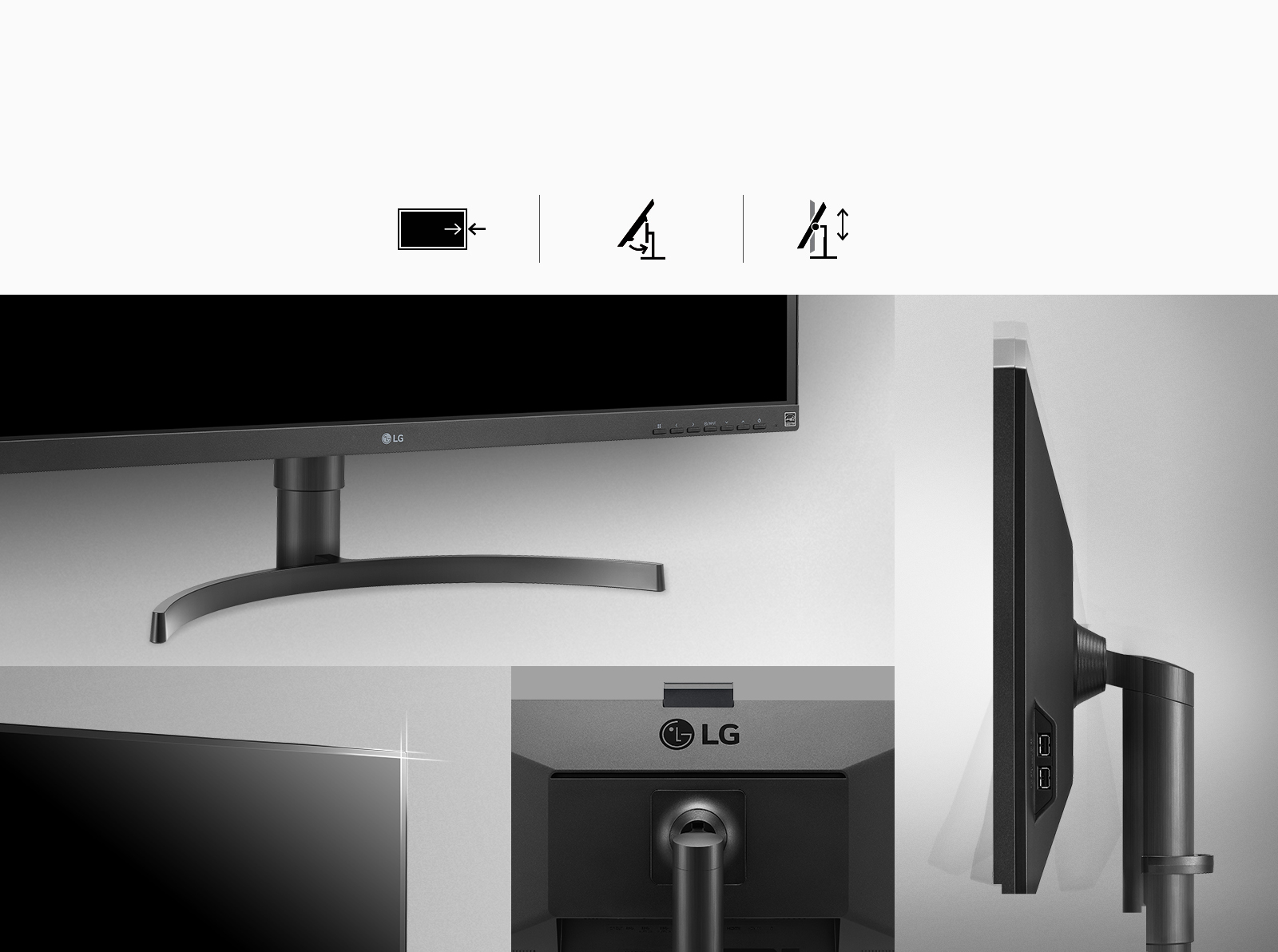 이미지에는 LG 로고가 있는 모니터가 여러 각도에서 보여집니다. 상단에는 세 가지 아이콘이 있으며, 첫 번째는 화살표가 있는 직사각형, 두 번째는 기울어진 모니터 스탠드, 세 번째는 위아래로 움직이는 화살표가 있는 모니터 스탠드입니다. 모니터의 전면, 측면, 후면이 각각 다른 이미지로 나타나 있고, 후면에는 LG 로고가 보입니다. 모니터 스탠드는 곡선형 디자인입니다.