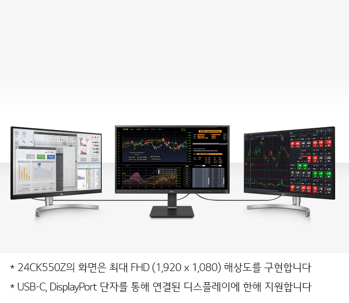 세 개의 모니터가 나란히 배치되어 있으며, 각각의 화면에는 다양한 그래프와 데이터가 표시되어 있습니다. 첫 번째 모니터에는 차트와 스프레드시트가 보이고, 두 번째 모니터에는 주식 차트와 관련 데이터가 나타나 있습니다. 세 번째 모니터에는 주식 거래 인터페이스가 보입니다. 화면 아래에는 24/27CN650W의 화면은 최대 FHD (1,920 x 1,080) 해상도를 구현합니다. USB-C, DisplayPort 단자를 통해 연결된 디스플레이에 한해 지원합니다라는 문구가 있습니다.