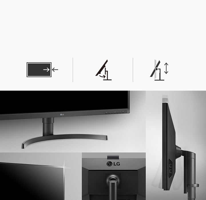 이미지에는 LG 로고가 있는 모니터가 여러 각도에서 보여집니다. 상단에는 세 가지 아이콘이 있으며, 첫 번째는 화살표가 있는 직사각형, 두 번째는 기울어진 모니터 스탠드, 세 번째는 위아래로 움직이는 화살표가 있는 모니터 스탠드입니다. 모니터의 전면, 측면, 후면이 각각 다른 이미지로 나타나 있고, 후면에는 LG 로고가 보입니다. 모니터 스탠드는 곡선형 디자인입니다.