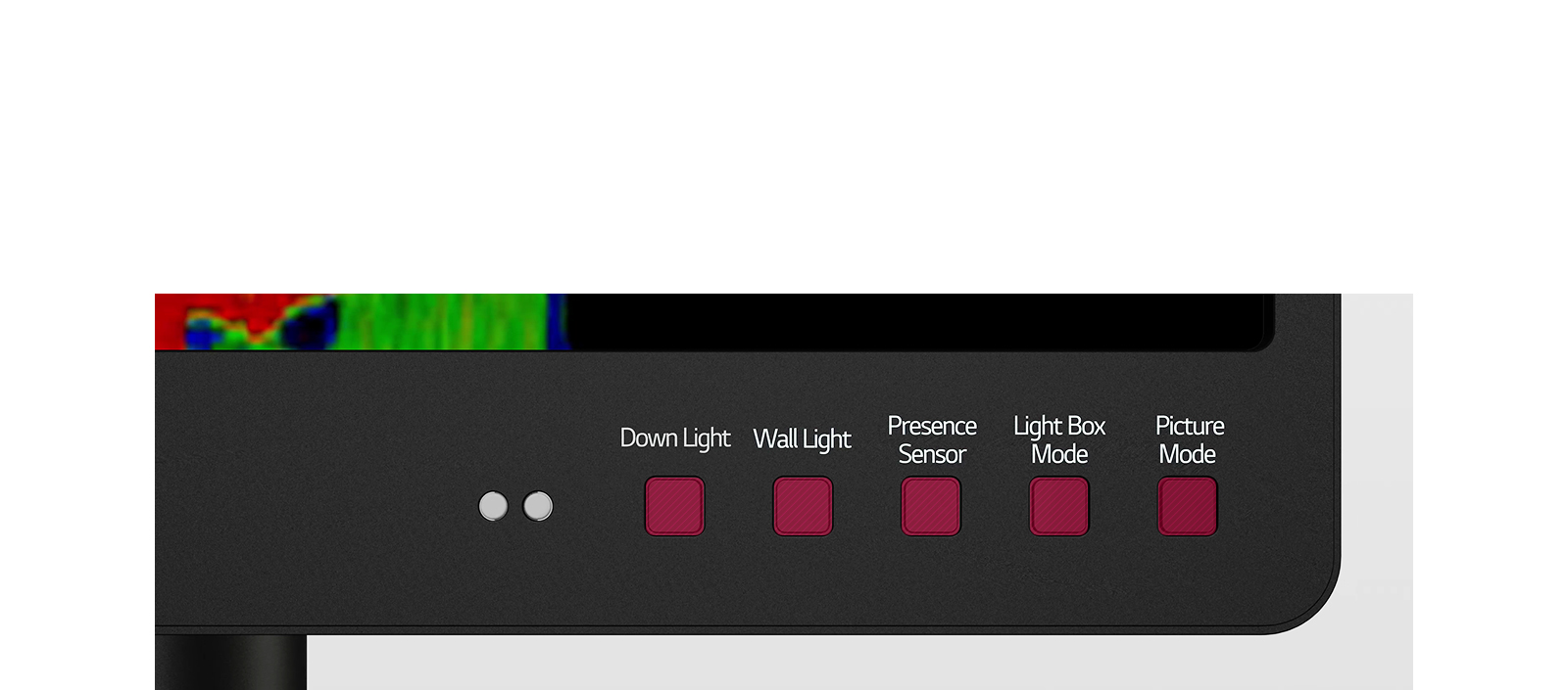 검은색 패널에 빨간색 버튼들이 나열되어 있습니다. 각 버튼 위에는 Down Light, Wall Light, Presence Sensor, Light Box Mode, Picture Mode라는 텍스트가 표시되어 있습니다. 두 개의 작은 회색 원도 보입니다. 배경에는 다양한 색상의 패턴이 있습니다.