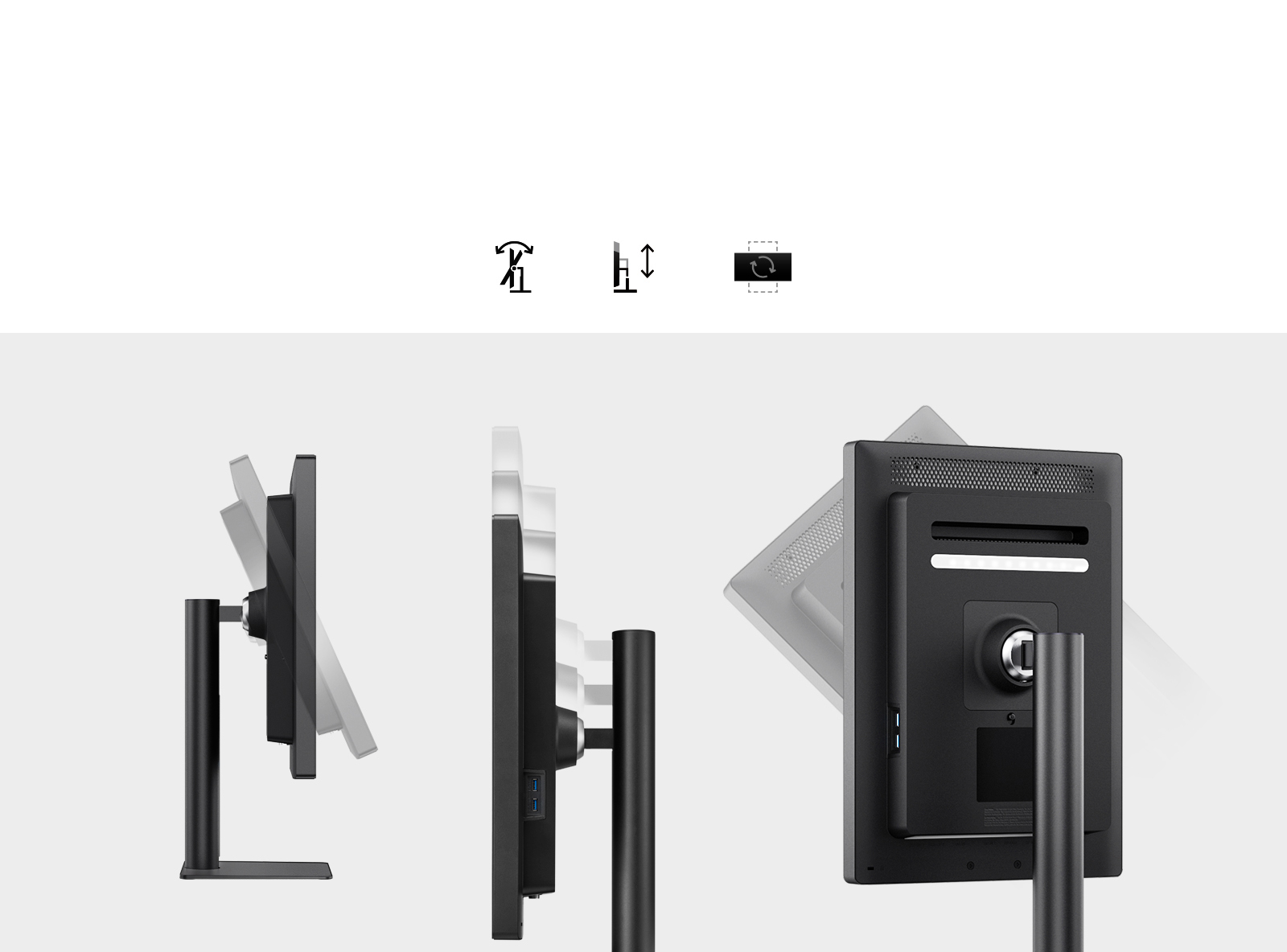 세 개의 모니터가 다양한 각도로 배치되어 있으며, 각 모니터는 회전, 높이 조절, 각도 조절이 가능한 기능을 보여줍니다. 상단에는 회전, 높이 조절, 각도 조절을 나타내는 아이콘이 있습니다. 모니터의 측면과 후면이 보이며, USB 포트가 포함되어 있습니다. 배경은 단순한 회색입니다.