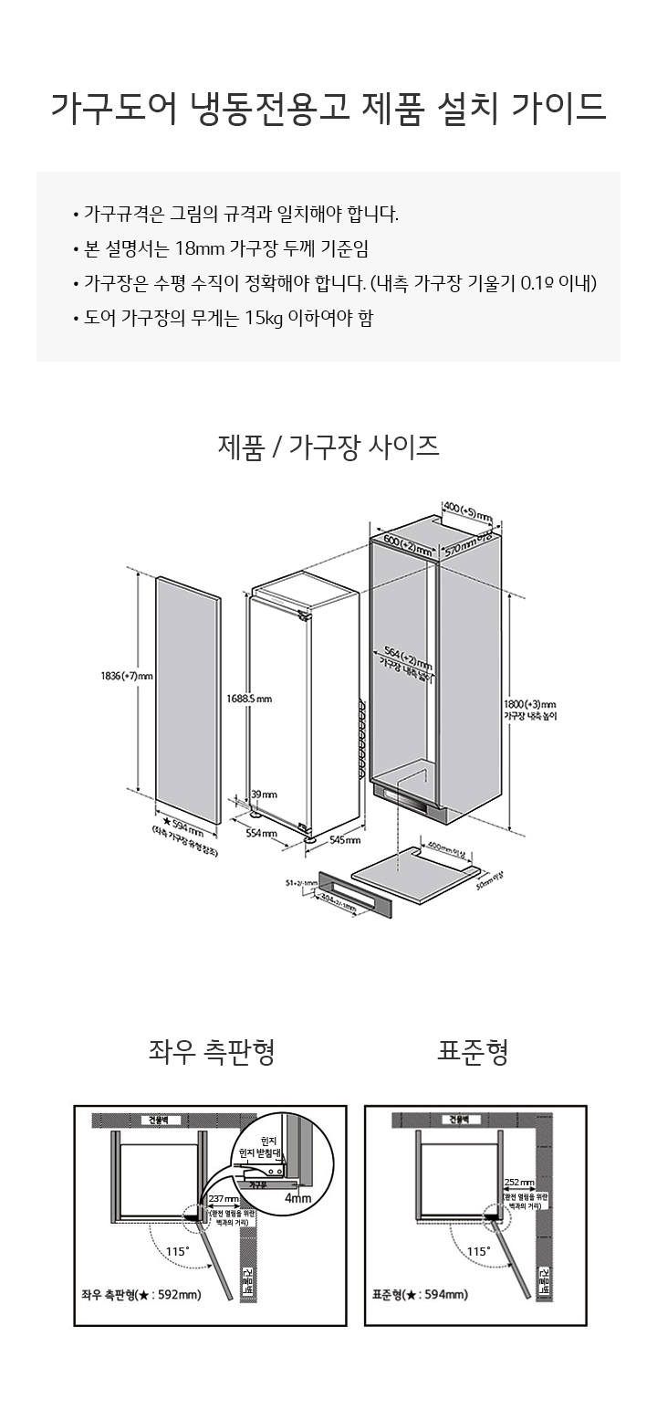 가구도어 냉동전용고 제품 설치 가이드입니다. 가구 규격은 그림의 규격과 일치해야 하며, 본 설명서는 18mm 가구장 두께 기준입니다. 가구장은 수평 수직이 정확해야 하며, 내측 가구장 기울기 0.1° 이내여야 합니다. 도어 가구장의 무게는 15kg 이하이어야 합니다. 좌우 측판형과 표준형의 설치 방법이 그림으로 설명되어 있으며, 각각의 치수가 표시되어 있습니다. 제품 및 가구장 사이즈는 높이 1836±7mm, 1688.5mm, 깊이 550mm, 폭 595mm로 나타나 있습니다.