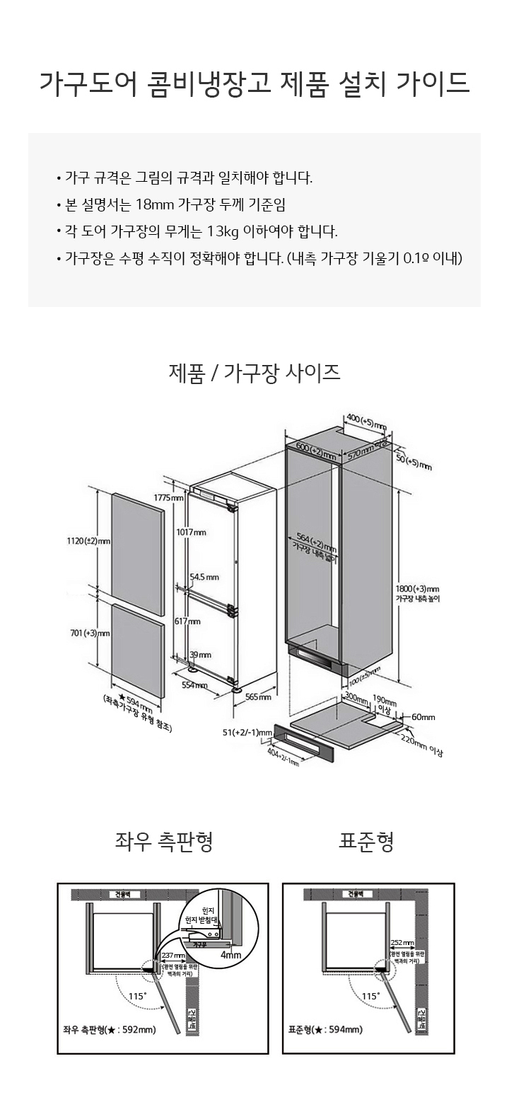 가구도어 콤비냉장고 제품 설치 가이드입니다. 가구 규격은 그림의 규격과 일치해야 하며, 본 설명서는 18mm 가구장 두께 기준입니다. 각 도어 가구장의 무게는 13kg 이하이어야 하며, 가구장은 수평 수직이 정확해야 합니다(내측 가구장 기울기 1.0° 이내). 좌우 측판형과 표준형의 도면이 있으며, 좌우 측판형의 폭은 592mm, 표준형의 폭은 594mm입니다. 제품/가구장 사이즈는 높이 1775mm, 폭 1120(±2)mm, 깊이 565mm입니다.