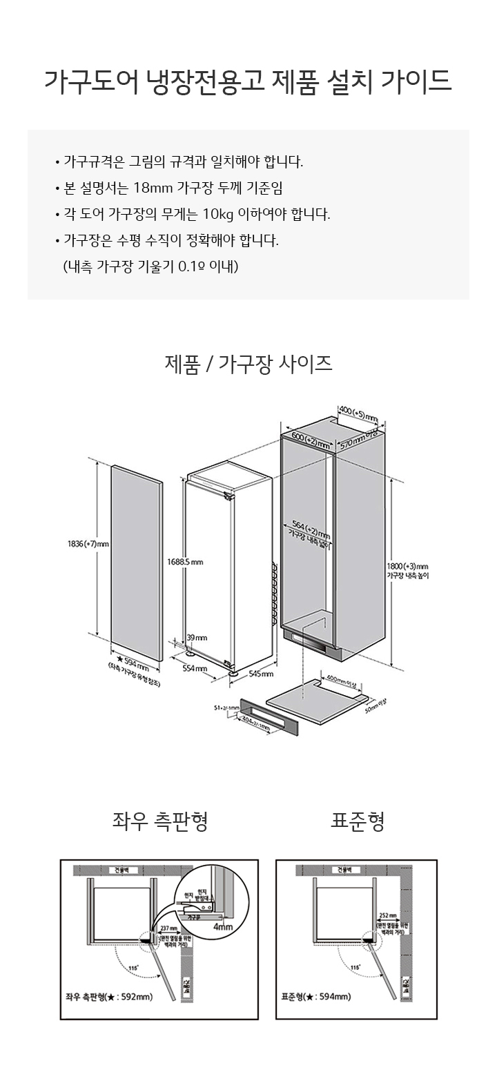 이미지는 가구도어 냉장전용고 제품 설치 가이드를 보여줍니다. 가구 규격은 그림의 규격과 일치해야 하며, 본 설명서는 18mm 가구장 두께를 기준으로 합니다. 가구장은 수평 수직이 정확해야 하며, 내측 가구장 기울기는 0.1° 이내여야 합니다. 도어 가구장의 무게는 15kg 이하이어야 합니다. 좌우 측판형과 표준형의 도면이 있으며, 좌우 측판형의 폭은 592mm, 표준형의 폭은 594mm입니다. 제품 및 가구장 사이즈는 높이 1836±7mm, 폭 596±5mm, 깊이 545mm로 표시되어 있습니다.