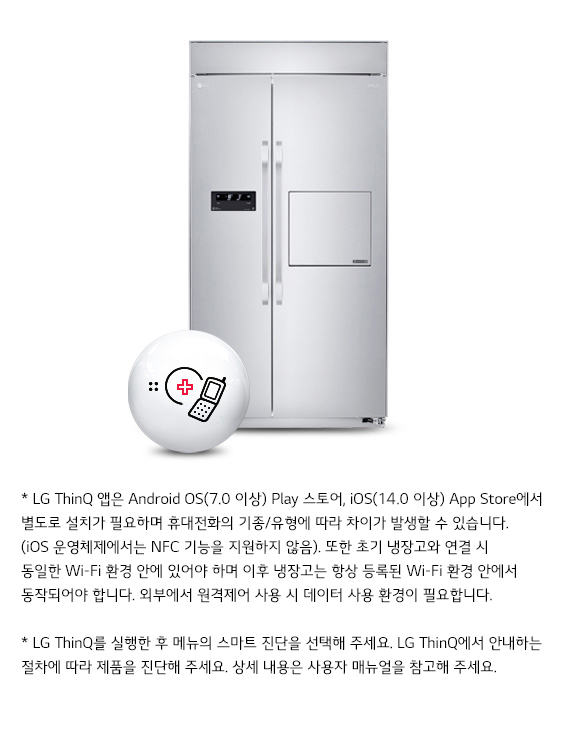 이미지에는 LG 냉장고가 중앙에 위치하고 있으며, 하단에는 LG ThinQ 앱에 대한 설명이 있습니다. 설명에는 앱이 Android OS(7.0 이상) Play 스토어와 iOS(14.0 이상) App Store에서 설치 가능하다는 내용과, 휴대전화 기종 및 유형에 따라 차이가 발생할 수 있다는 점이 언급되어 있습니다. 또한 iOS 운영체제에서는 NFC 기능을 지원하지 않으며, 냉장고와 연결 시 동일한 Wi-Fi 환경에 있어야 한다고 설명합니다. 외부에서 원격제어 사용 시 데이터 사용 환경이 필요하다는 점도 포함되어 있습니다. 마지막으로, LG ThinQ를 실행한 후 스마트 진단을 선택하고 안내에 따라 제품을 진단하라는 내용이 있습니다. 상세 내용은 사용자 매뉴얼을 참고하라는 안내도 포함되어 있습니다.