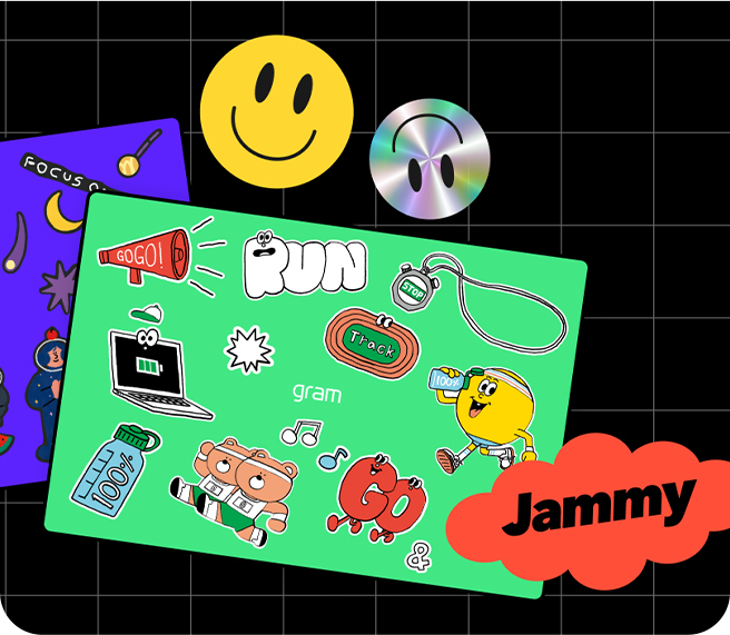 검은색 모눈 배경 위에 다양한 Jammy 굿즈 스티커가 붙어 있는 파란색의 엘지 그램과 초록색의 엘지 그램이 보입니다.
