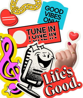 배너 왼쪽 공간에 Radio optimism과 Life's Good. 관련 여러 아이콘이 있습니다.