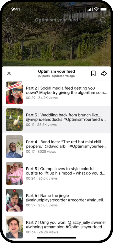 lge_lifesgood 계정의 Optimism your feed 틱톡 플레이리스트 화면 이미지.