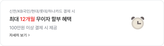 좌측에는 '신한/KB국민/현대/롯데/하나카드 결제 시. 최대 12개월 무이자 할부 혜택. 100만원 이상 결제 시 제공. 자세히 보기' 문구가 있고 우측에는 시계 모양의 아이콘이 있음.
