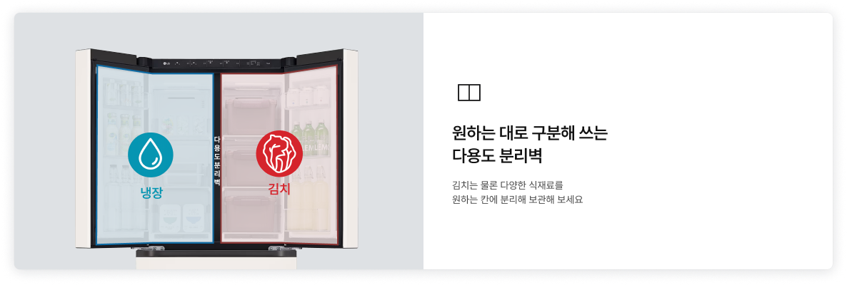 좌측에 냉장고가 열린 상태로 냉장, 김치 파트가 나뉘어져 보여주고 있고, '원하는대로 구분해쓰는 다용도 분리벽. 김치는 물론 다양한 식재료를 원하는 칸에 분리해보세요.' 텍스트가 배치되어있음.